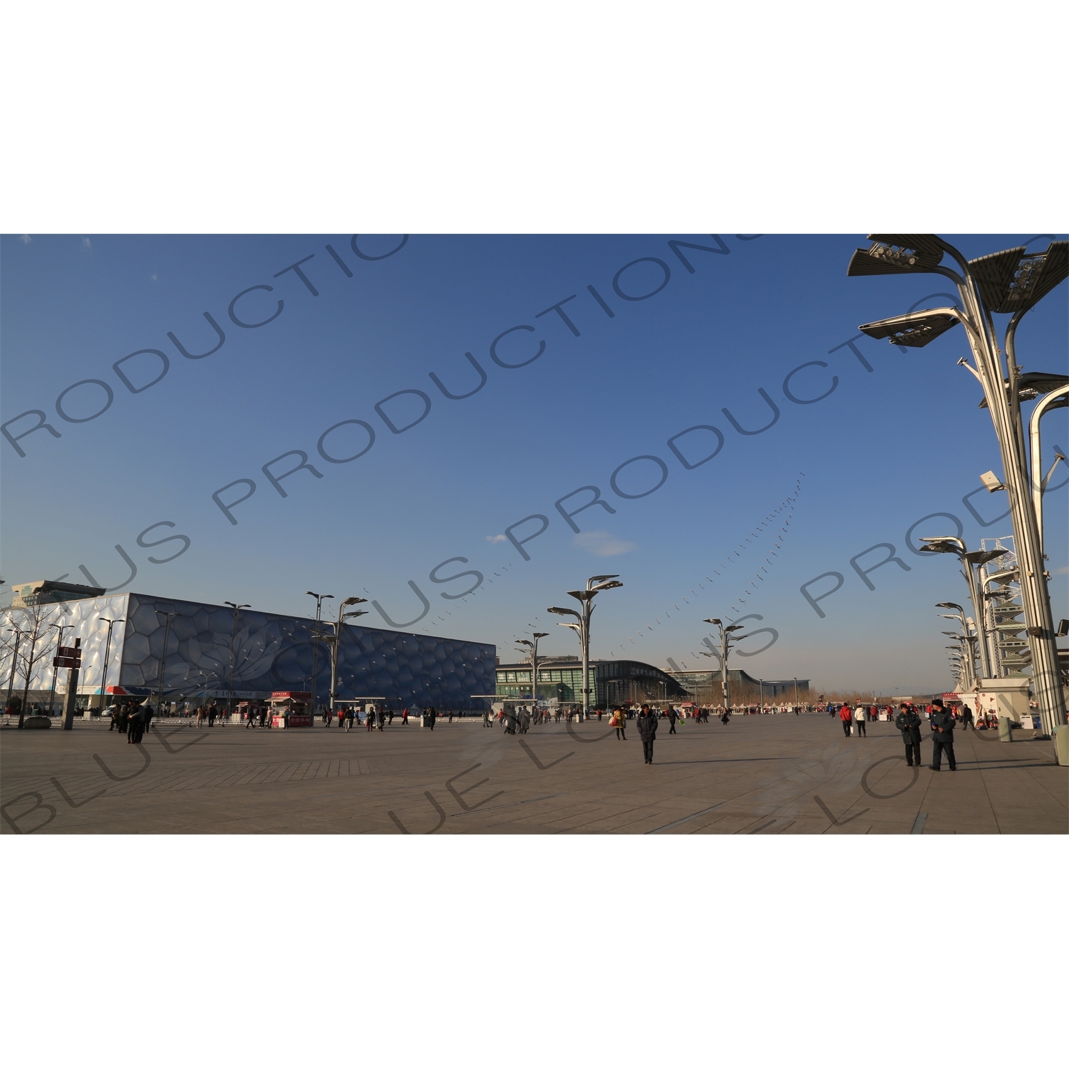 Kites Flying in front of the Beijing National Aquatics Centre/Water Cube and the Beijing National Indoor Stadium/The Fan in the Olympic Park in Beijing