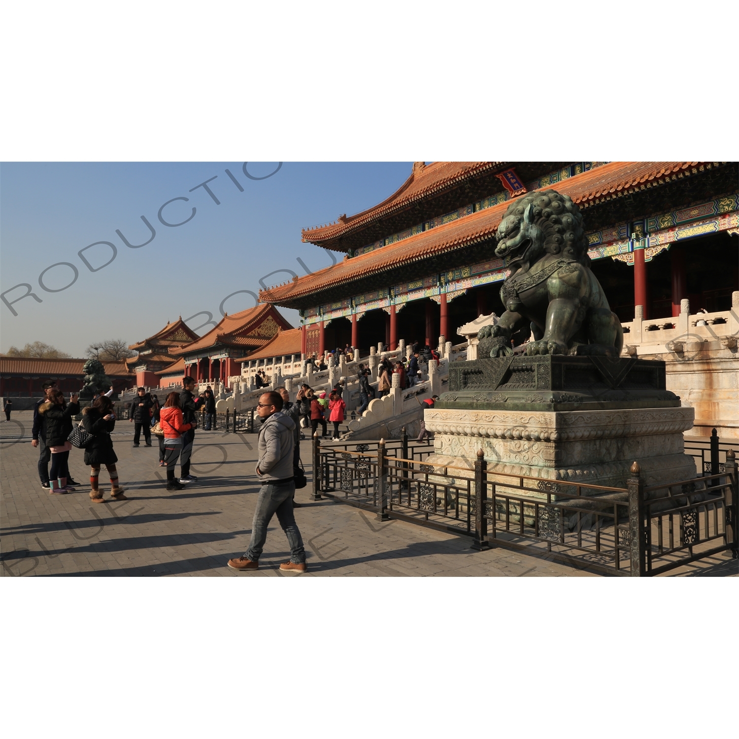 Guardian Lion in front of the Gate of Supreme Harmony (Taihe Men) in the Forbidden City in Beijing