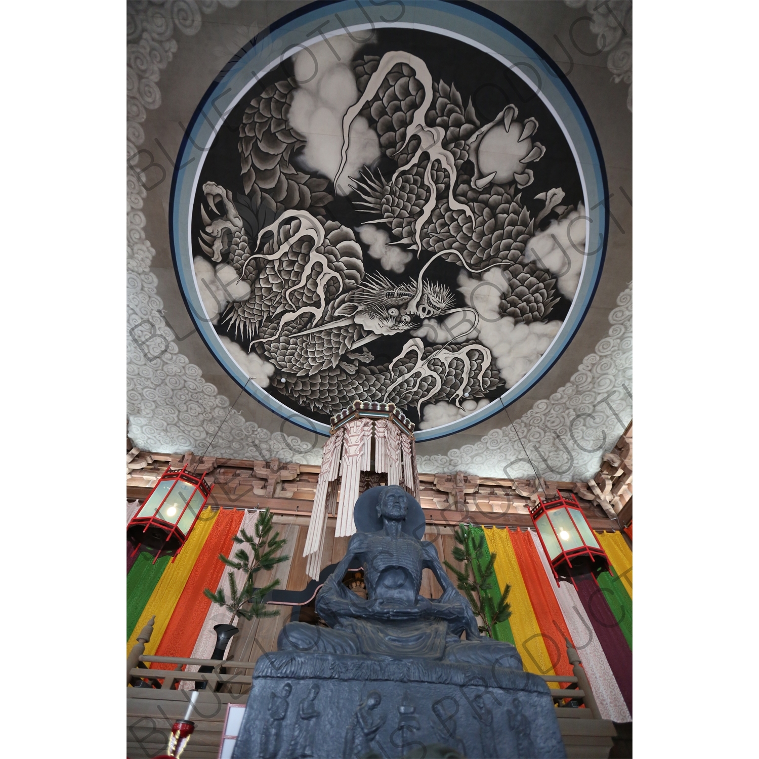 Interior of the Hatto with a Buddha Statue and the Dragon Ceiling in Kencho-ji in Kamakura