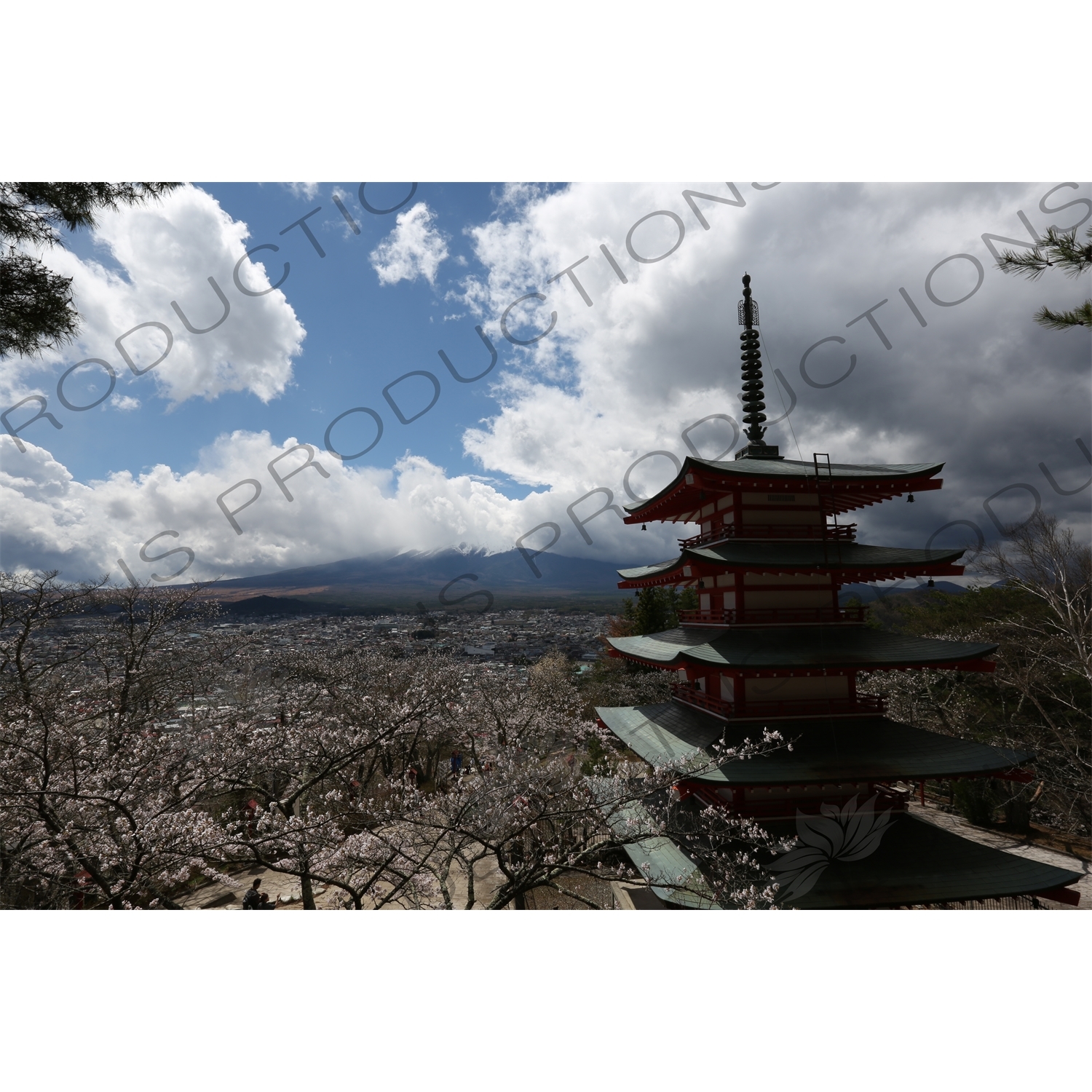 Chureito Pagoda with Fujiyoshida and Mount Fuji in the Background