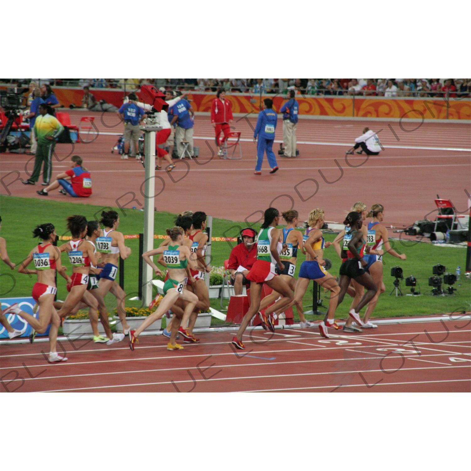 Athletes in a Women's 3,000 Metre Steeplechase Heat in the Bird's Nest/National Stadium (Niaochao/Guojia Tiyuchang) in the Olympic Park in Beijing