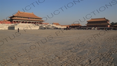 Square of Supreme Harmony, Hall of Supreme Harmony, Pavilion of Embodying Benevolence and Left Wing Gate in the Forbidden City in Beijing