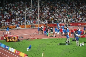 Shot Putter Celebrating in the Bird's Nest/National Stadium (Niaochao/Guojia Tiyuchang) in the Olympic Park in Beijing