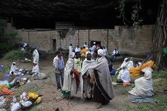 Pilgrims outside Yimrhane Kirstos Church