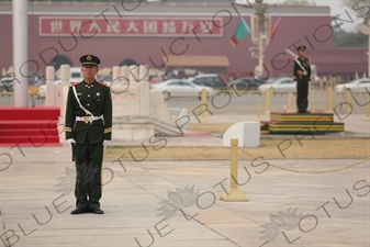 Soldiers Standing Guard at the Base of the Flagpole in Tiananmen Square in Beijing