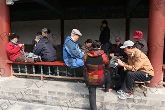 People Knitting and Playing Cards in the Long Corridor (Chang Lang) in the Temple of Heaven (Tiantan) in Beijing