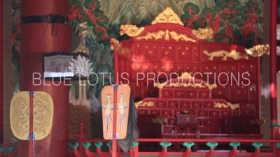 Throne to Decorated Fans in Geunjeong Hall (Geunjeongjeon) at Gyeongbok Palace (Gyeongbokgung) in Seoul