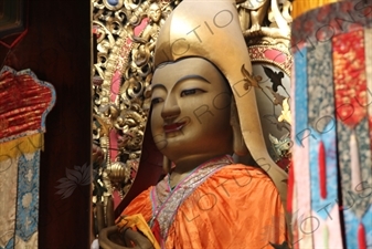 Tsongkhapa (Zongge Shanhuicheng), Founder of Yellow Hat sect of Tibetan Buddhism, in Hall of the Wheel of the Law (Falun Dian) in the Lama Temple in Beijing