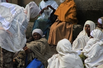 Pilgrims outside Yimrhane Kirstos Church