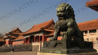 Guardian Lion and Gate of Correct Conduct (Zhendu Men) in the Forbidden City in Beijing