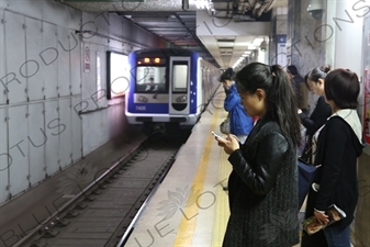 Line 2 Train Arriving at Chongwenmen Station in Beijing