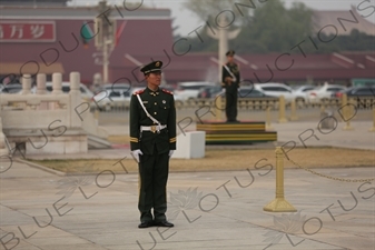 Soldiers Standing Guard at the Base of the Flagpole in Tiananmen Square in Beijing