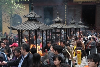 People Burning Incense in Lingyin Temple (Lingyin Si) beside West Lake (Xihu) in Hangzhou