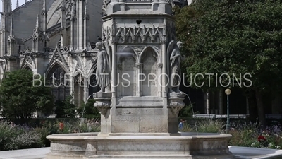 Fountain of the Virgin (Fontaine de la Vierge) behind Notre-Dame in Paris