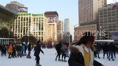 Ice Skaters Skating on Seoul Plaza Ice Rink