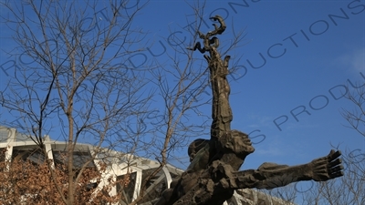 Sculpture in front of the Bird's Nest/National Stadium (Niaochao/Guojia Tiyuchang) in the Olympic Park in Beijing