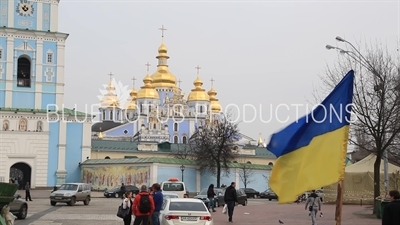 Ukrainian Flag at Protest Camp in front of St. Michael's Golden-Domed Monastery in Kiev