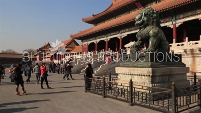 Guardian Lions in front of the Gate of Supreme Harmony (Taihe Men) in the Forbidden City in Beijing