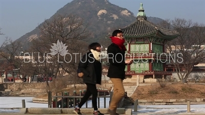 Tourists Taking Photos in front of Hyangwon Pavilion (Hyangwonjeong) at Gyeongbok Palace (Gyeongbokgung) in Seoul