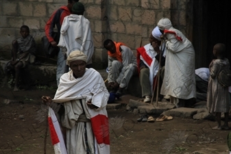 Pilgrims outside Yimrhane Kirstos Church