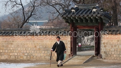 Man Walking Through a Small Gate at Gyeongbok Palace (Gyeongbokgung) in Seoul