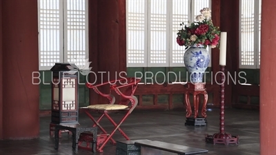 Furniture to the side of the Throne in Sajeong Hall (Sajeongjeon) at Gyeongbok Palace (Gyeongbokgung) in Seoul