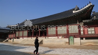 People Walking in front of Gyotae Hall (Gyotaejeon) at Gyeongbok Palace (Gyeongbokgung) in Seoul