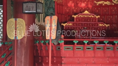 Decorated Fans and Throne in Geunjeong Hall (Geunjeongjeon) at Gyeongbok Palace (Gyeongbokgung) in Seoul