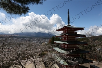 Chureito Pagoda with Fujiyoshida and Mount Fuji in the Background