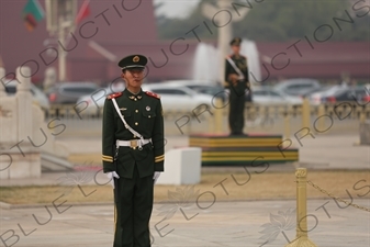 Soldiers Standing Guard at the Base of the Flagpole in Tiananmen Square in Beijing