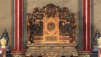 Dragon Carving on the Imperial Throne in the Hall of Preserving Harmony (Baohe Dian) in the Forbidden City in Beijing