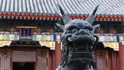 Qilin Sculpture and Hall of Benevolence and Longevity (Renshoudian) in the Summer Palace in Beijing