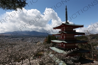 Chureito Pagoda with Fujiyoshida and Mount Fuji in the Background