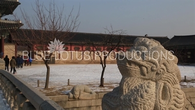 Lion Carving on Yeongjegyo Bridge Leading to Geunjeong Gate (Geunjeongmun) at Gyeongbok Palace (Gyeongbokgung) in Seoul