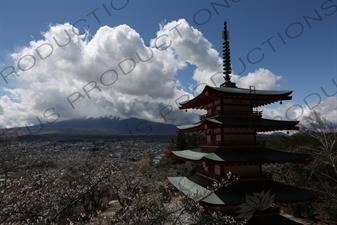 Chureito Pagoda with Fujiyoshida and Mount Fuji in the Background