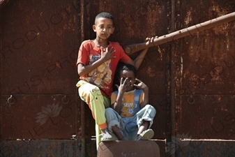 Children Playing on Old Railway Cars in a Station along the Asmara to Massawa Railway Line