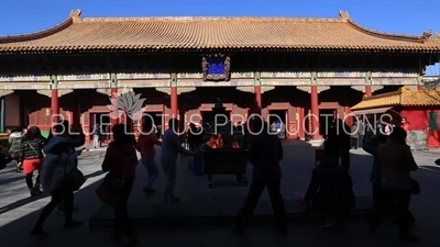 Incense Burning in front of the Hall of Peace and Harmony (Yonghegong Dian), also known as the Hall of the Three Buddhas (Sanshifo Dian) in the Lama Temple in Beijing