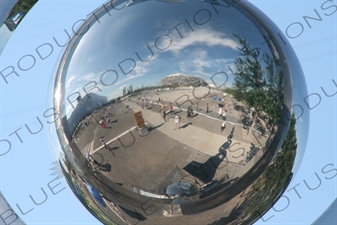 Reflection of the Olympic Park/Olympic Green (Aolinpike Gongyuan) in a Sculpture in the Olympic Park in Beijing