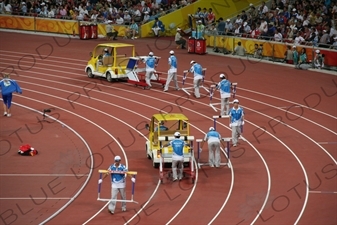 Hurdles Being Set Out in the Bird's Nest/National Stadium (Niaochao/Guojia Tiyuchang) in the Olympic Park in Beijing