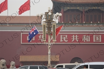 Chinese and Australian Flags in front of the Gate of Heavenly Peace (Tiananmen) in Tiananmen Square in Beijing