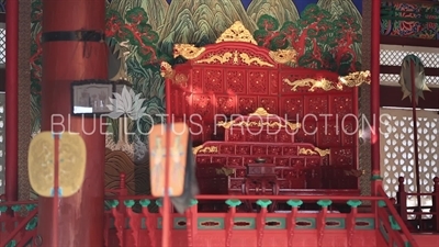 Decorated Fans and Throne in Geunjeong Hall (Geunjeongjeon) at Gyeongbok Palace (Gyeongbokgung) in Seoul