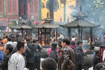 People Burning Incense in Lingyin Temple (Lingyin Si) beside West Lake (Xihu) in Hangzhou