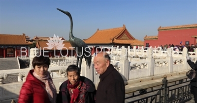 Tourists Posing for a Photo in front of Crane Statue in front of the Hall of Supreme Harmony (Taihe Dian) in the Forbidden City in Beijing