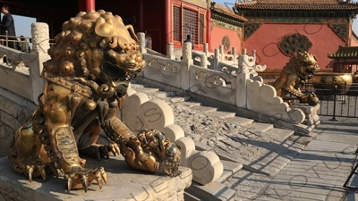 Guardian Lion Statues in front of the Gate of Heavenly Purity (Qianqing Men) in the Forbidden City in Beijing