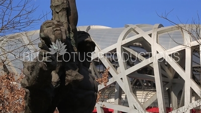 Sculpture in front of the Bird's Nest/National Stadium (Niaochao/Guojia Tiyuchang) in the Olympic Park in Beijing