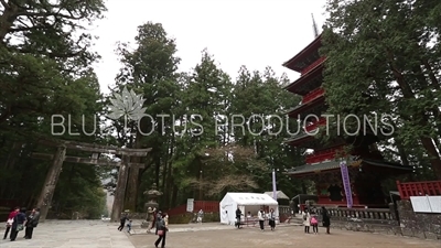 Toshogu Shrine Stone Torii Gate (Ishidorii) and Five Storey Pagoda (Gojunoto) in Nikko