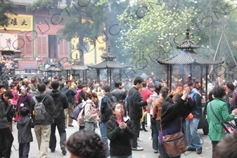 People Burning Incense in Lingyin Temple (Lingyin Si) beside West Lake (Xihu) in Hangzhou