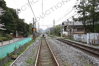 Moped Driving across Train Tracks in Kamakura