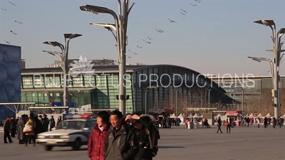 The Fan (Guojia Tiyuguan/Shanzi) and the China National Convention Centre/Olympic Green Convention Centre (Guojia Huiyi Zongxin) in the Olympic Park in Beijing