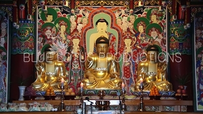 Statues of the Three Buddhas/Buddhas of the Past, Present and Future at the Haedong Yonggung Temple (Haedong Yonggungsa) in Busan